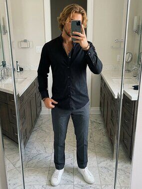 Michael Strahan Men's Black Button Up Dress Shirt Long Sleeve Neck 15.5